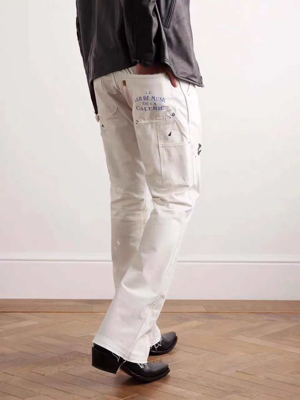 660#Gallery Dept new hand-painted splash-ink mud-dyed distressed style overalls logging pants washed off-white spliced ​​micro-flared jeans beautiful trendy versatile casual pants off-white S~XL P270